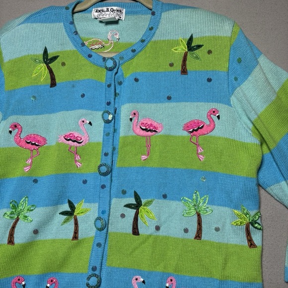 Bob Mackie Blue and Green Flamingo Cardigan - Picture 2 of 6